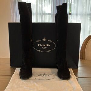 Prada suede knee high heel boots